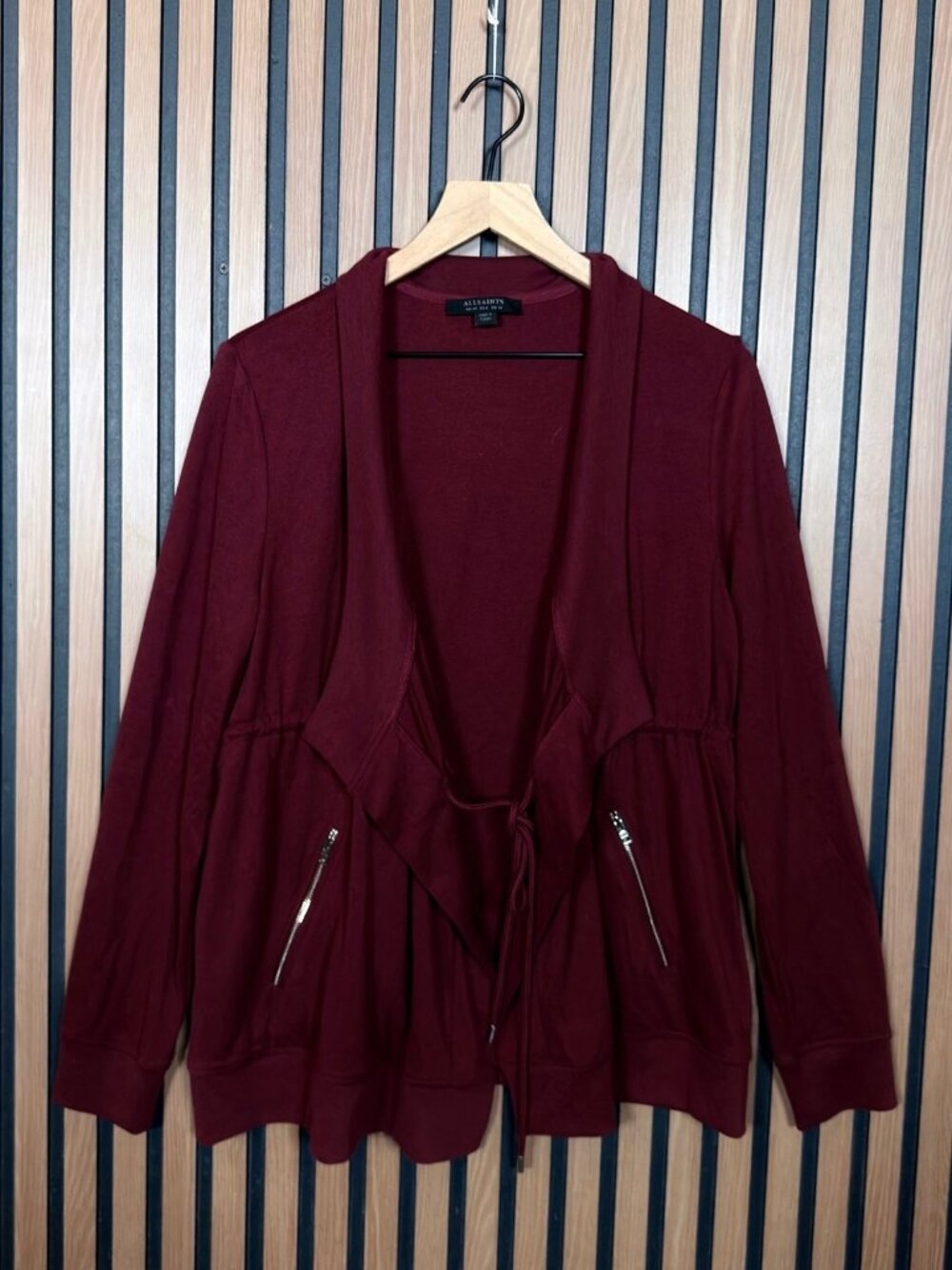 AllSaints Gina Drape Jacket 6 Womens Burgundy Open Front Stretch Front Tie